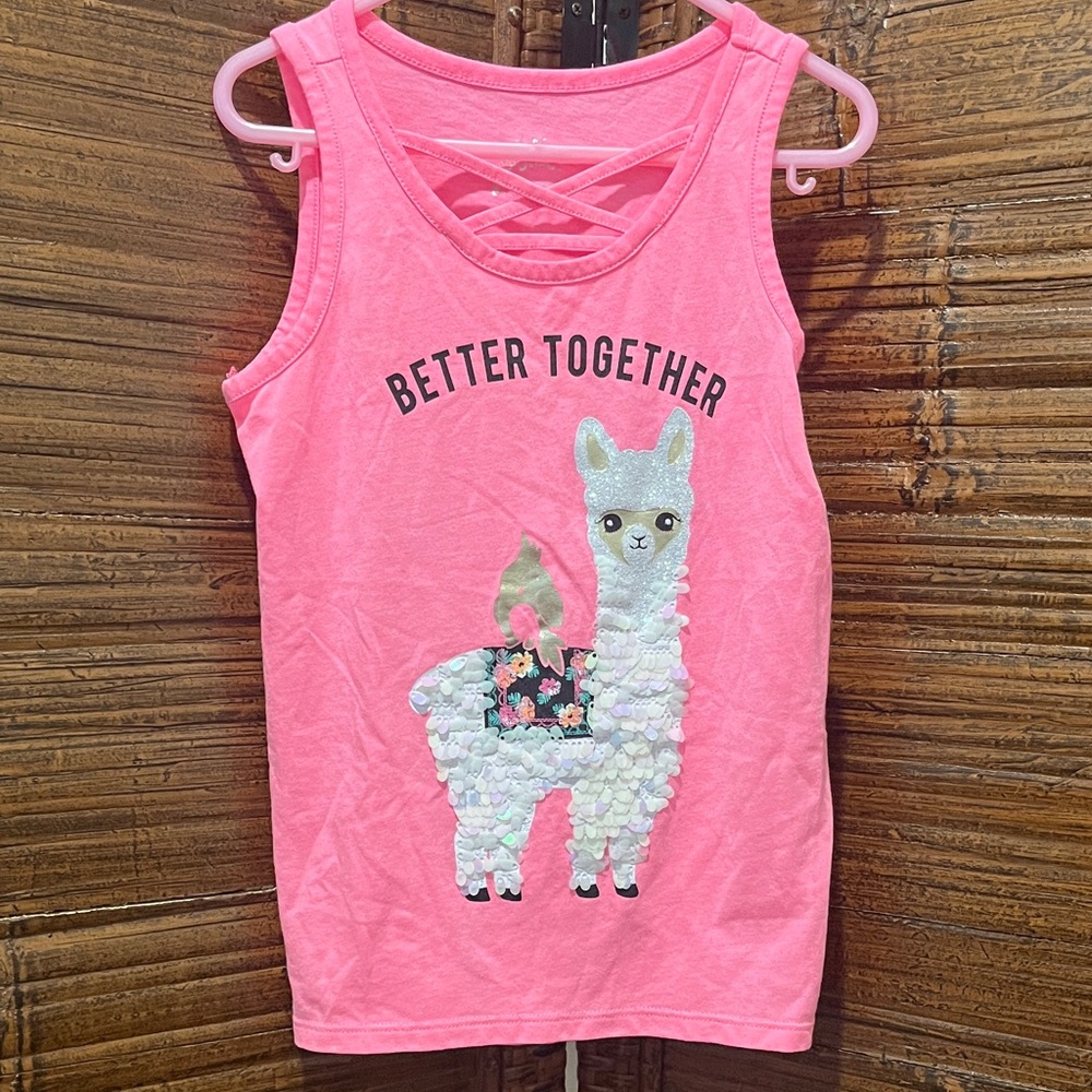 Justice 2019 Pink Sleeveless Tank Top with Llama Sequin Graphic, Size 8